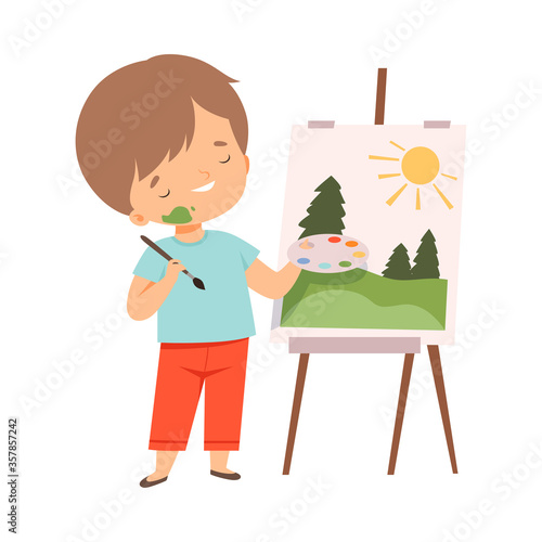 Cute Boy Painting Picture on Easel, Kids Hobby or Creative Activity Cartoon Vector Illustration