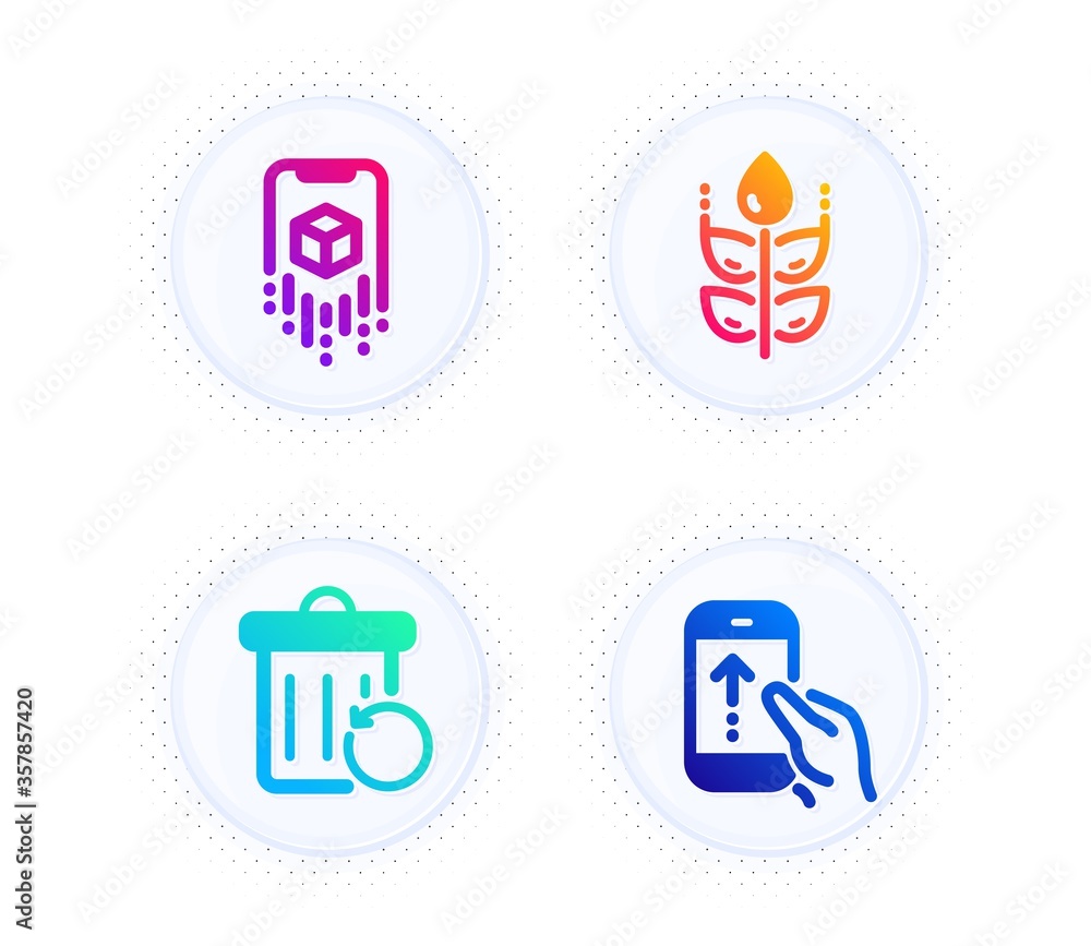 Augmented reality, Recovery trash and Gluten free icons simple set. Button with halftone dots. Swipe up sign. Phone simulation, Backup file, Bio ingredients. Scrolling screen. Science set. Vector