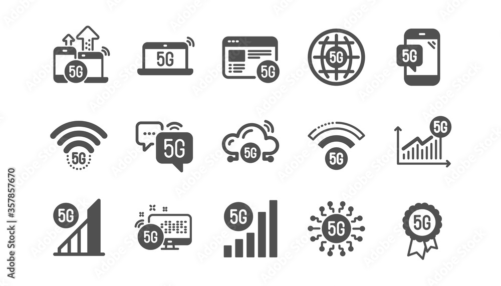 5G technology icons set. Mobile network, phone connection, fast internet. Hotspot signal, mobile telecommunications, wifi internet icons. 5G cellular network technology. Quality set. Vector