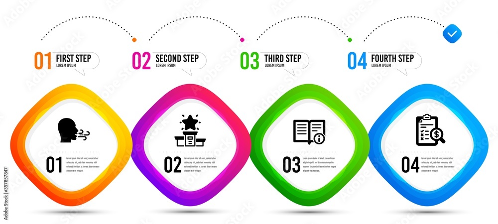 Winner podium, Breathing exercise and Technical info icons simple set. Timeline infographic. Accounting report sign. First place, Breath, Documentation. Check finance. Education set. Vector Winner podium, Breathing exercise and Technical info icons simple set. Timeline infographic. Accounting report sign. First place, Breath, Documentation. Check finance. Education set. Vector