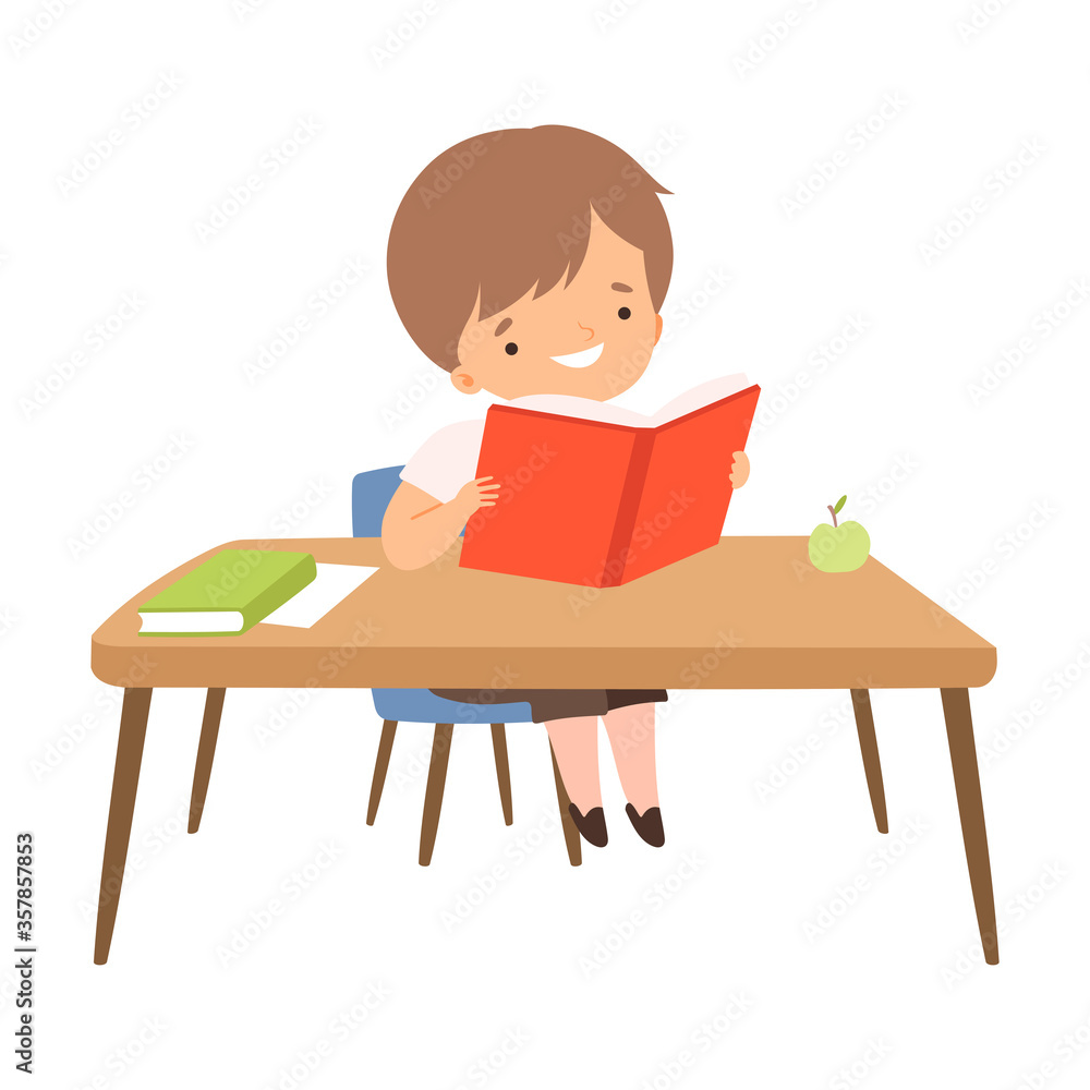 Cute Boy Sitting at the Desk and Reading a Book, Preschool Kid Daily Routine Activity Cartoon Vector Illustration