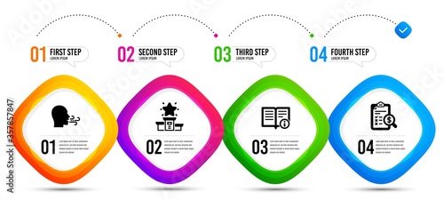 Winner podium, Breathing exercise and Technical info icons simple set. Timeline infographic. Accounting report sign. First place, Breath, Documentation. Check finance. Education set. Vector