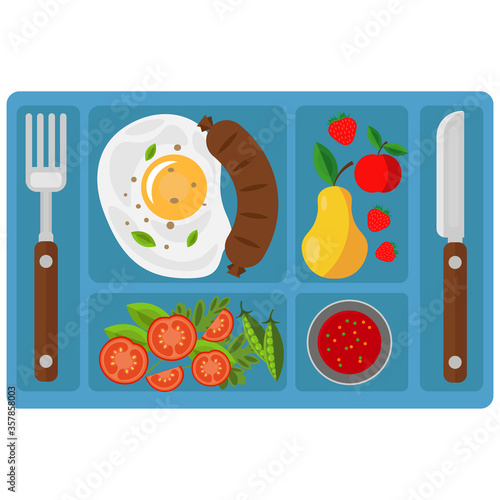 Breakfast on a tray with compartments. Vector illustration on the theme of food.