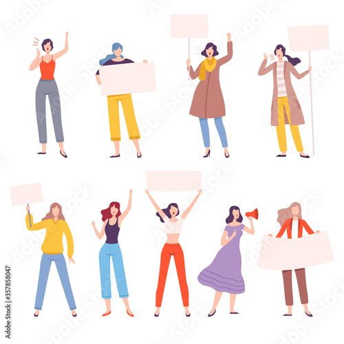 Strong Girls Set, Women Empowerment Movement, Struggle for Freedom, Independence, Equality, Female Power and Rights Concept Flat Style Vector Illustration