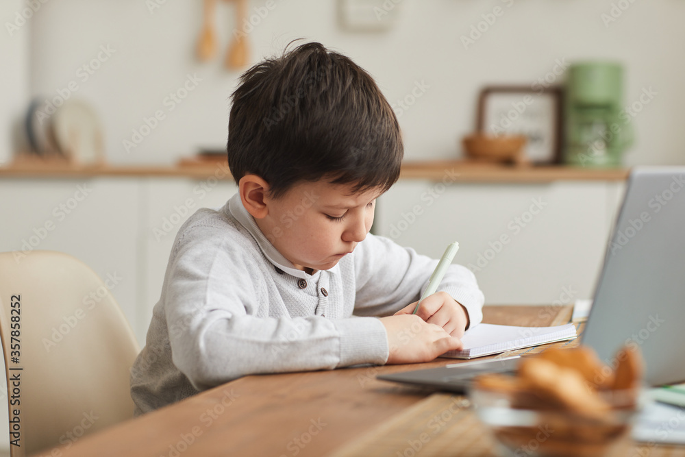 Warm-toned portrait of cute boy writing in notebook while studying at home in cozy interior, copy space Warm-toned portrait of cute boy writing in notebook while studying at home in cozy interior, copy space