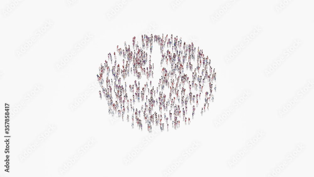 3d rendering of crowd of people in shape of symbol of time on white background isolated