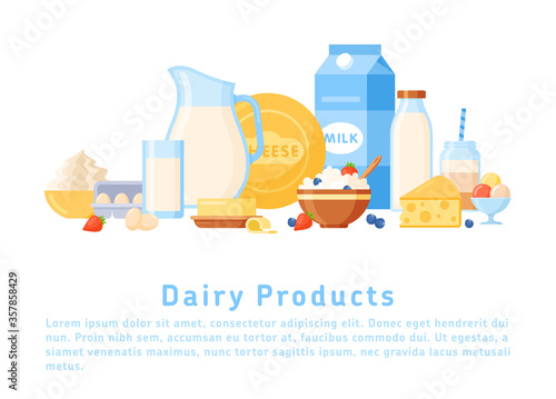 Dairy products. Vector illustration of milk products with diet yogurt, ice cream, milk, butter, cheese, cottage cheese, sour cream in cartoon style. Fresh organic farm product banners for market