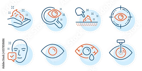 Skin care, Vision test and Face accepted signs. Eye laser, Eye and Skin moisture line icons set. Optometry clinic, View or vision. Medical set. Outline icons set. Ð¡ircle with dashed line. Vector