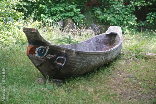 Ketchikan, Alaska: Replica of a Tlingit canoe at Potlatch Totem Park, a recreated Tlingit village in the American Northwest.