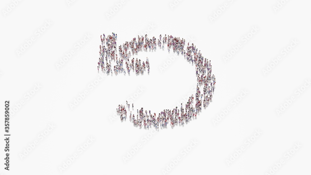 3d rendering of crowd of people in shape of symbol of undo on white background isolated