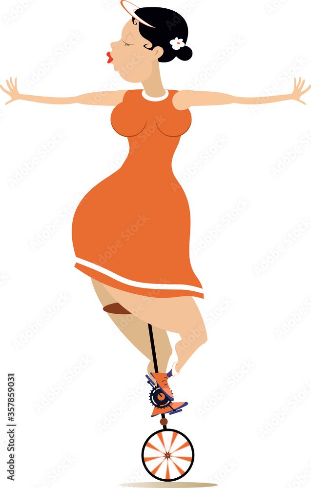 Sexy Plump Woman Rides On The Unicycle Illustration Funny Plump Young 
