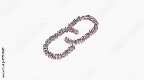 3d rendering of crowd of people in shape of symbol of unlink on white background isolated