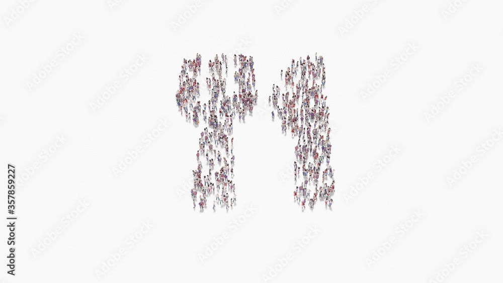 3d rendering of crowd of people in shape of symbol of utensils on white background isolated