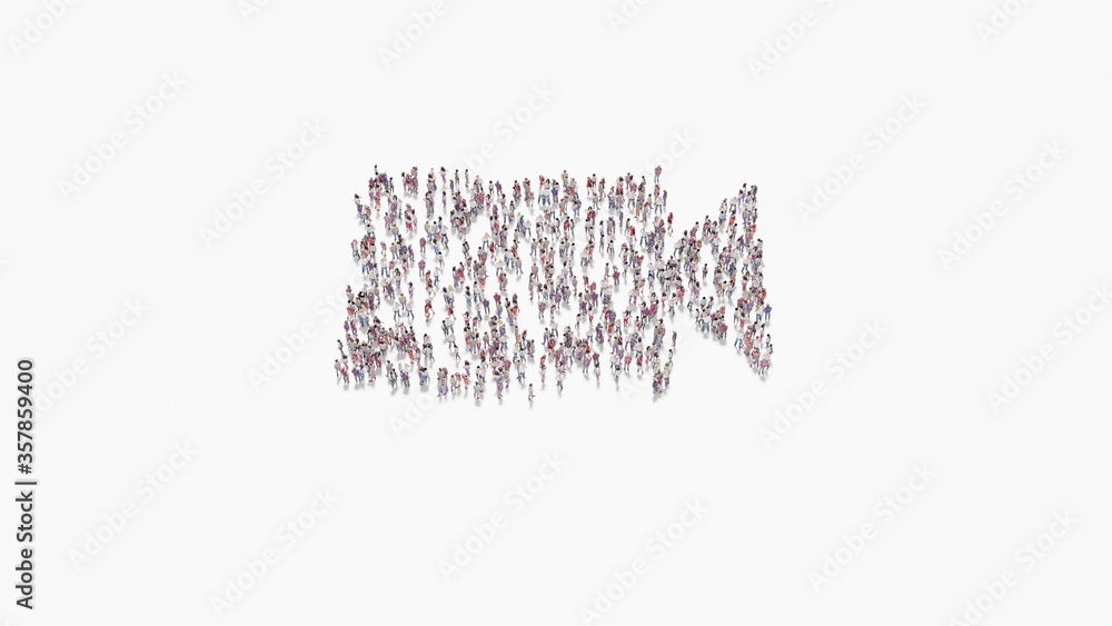 3d rendering of crowd of people in shape of symbol of video on white background isolated