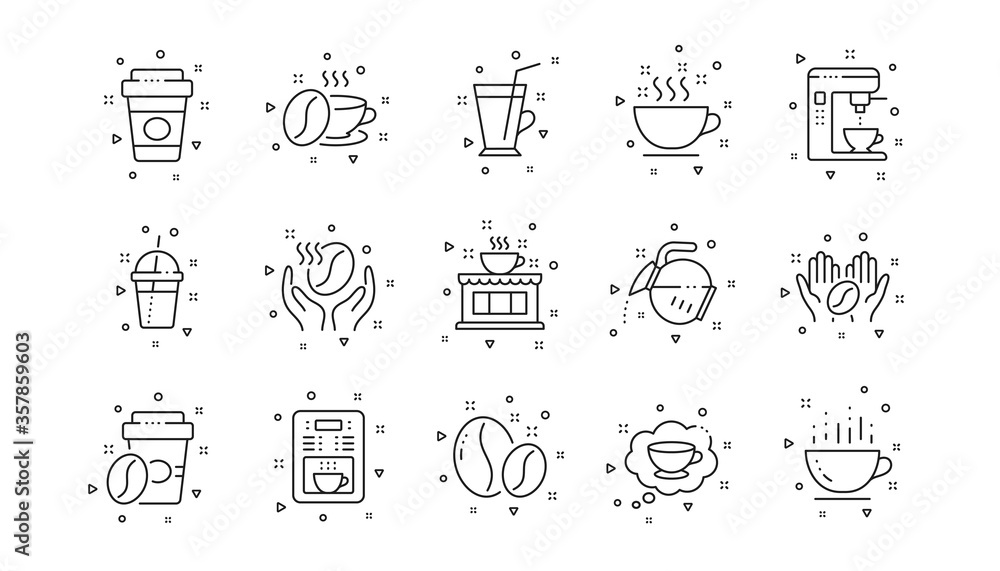 Beans, hot cocktail and coffee maker machine. Coffee line icons. Espresso cup, cappuccino line icons. Latte vending machine and roasted beans. Linear set. Geometric elements. Quality signs set. Vector