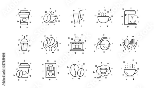 Beans, hot cocktail and coffee maker machine. Coffee line icons. Espresso cup, cappuccino line icons. Latte vending machine and roasted beans. Linear set. Geometric elements. Quality signs set. Vector
