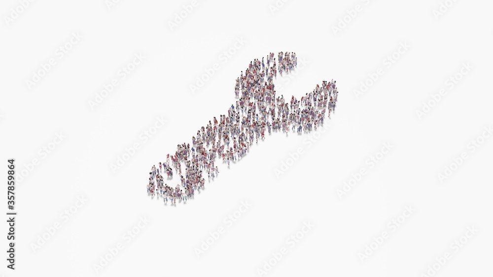 3d rendering of crowd of people in shape of symbol of wrench on white background isolated 3d rendering of crowd of people in shape of symbol of wrench on white background isolated