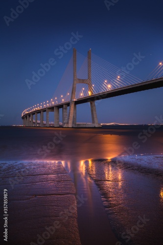 Bridge of Vasco Gama at night in Lisbon, Portugal