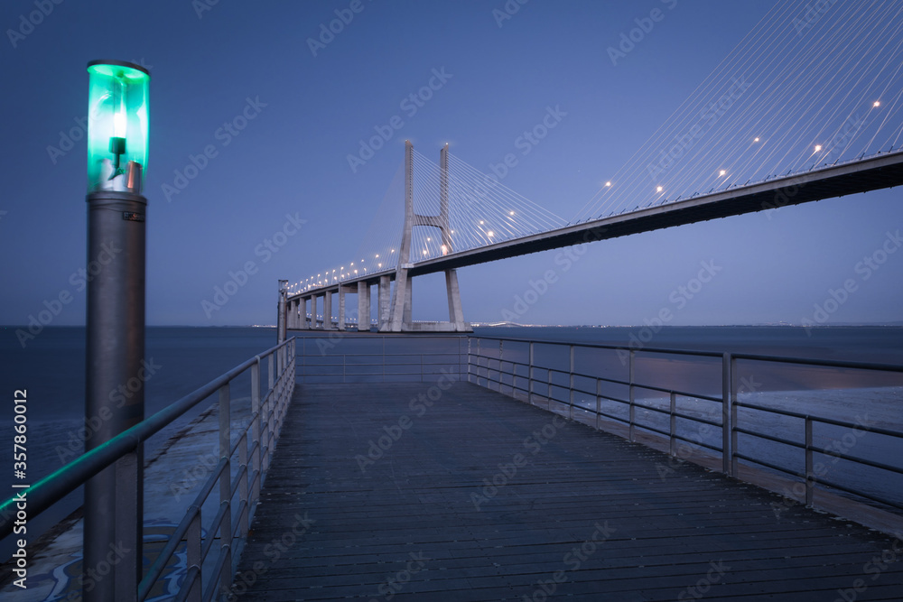 Pontoon by the vasco gama bridge at night, Lisbon, POrtugal