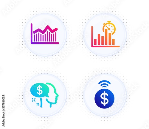 Report timer, Pay and Money diagram icons simple set. Button with halftone dots. Contactless payment sign. Growth chart, Beggar, Currency diagram. Financial payment. Finance set. Vector