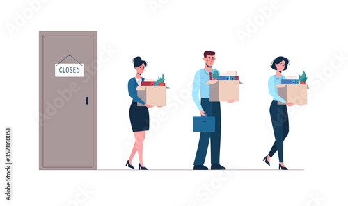 Dismissed employees leave the closed enterprise. Vector illustration of job loss. Men and women with boxes in their hands became victims of unemployment, fired. Isolated on a white background, flat