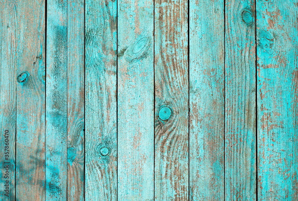 Weathered blue wooden background texture. Shabby wood teal or turquoise green painted. Vintage beach wood backdrop. - obrazy, fototapety, plakaty 