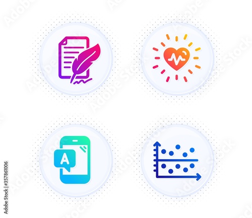 Ab testing, Heartbeat and Feather signature icons simple set. Button with halftone dots. Dot plot sign. Phone test, Medical heart, Feedback. Presentation graph. Science set. Vector
