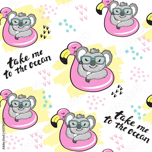 A beautiful koala on a flamingo and an inscription take me to the ocean seamless pattern