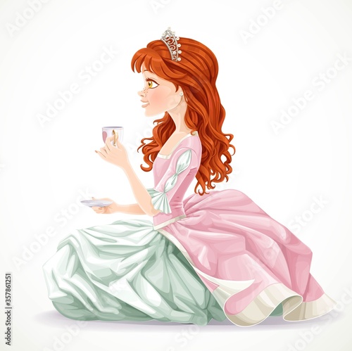 Beautiful princess with brown hair sitting on the floor with a c
