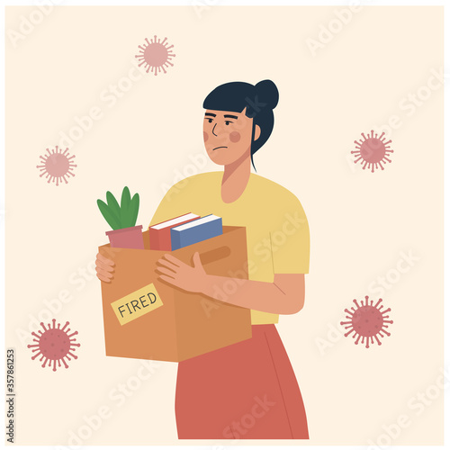 Cartoon vector illustration of firing employee during pandemia. Loss job from Coronavirus crisis COVID-19 outbreak lockdown. Dismissed carrying box with her things. Unemployment concept, job reduction