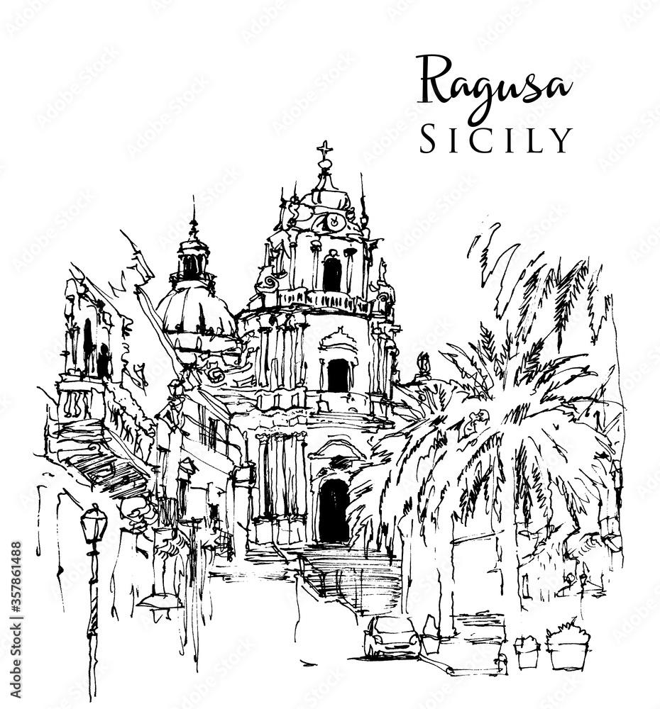 Drawing sketch illustration of San Giorgio Church in Ragusa