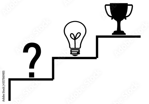 Escalera con signo de interrogación, bombilla y copa de premio.