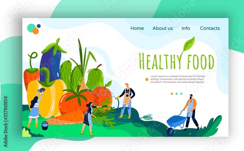 Healthy farm food vector illustration banner. Website interface creative design with tiny people farmers watering, gardener characters growing fresh organic vegetables for health vegetarian diet