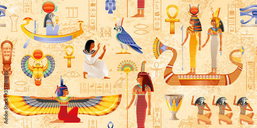 Egyptian vector papyrus with pharaoh element: Ankh, Scarab, Sun. Ancient historical art. Egypt Mythology seamless pattern. Queen & goddess set. Isis with wings, Hathor Nefertiti in boat, Maat with fan