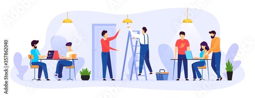 Call electrician to office vector illustration. Cartoon flat repairman character working, handyman do technical work, worker repairing electrical equipment. Repair electric service isolated on white
