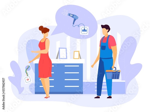 Call electrician to home vector illustration. Cartoon flat woman client character called repairman handyman to fix electrical outlet appliance failure. Repair home electric service isolated on white