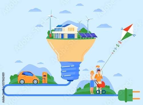 Green eco energy concept vector illustration. Cartoon flat creative light bulb idea, friendly environment home ecosystem with happy family people, energy power plug technologies for protection ecology
