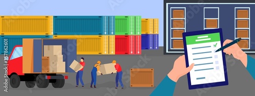 Logistics delivery service vector illustration. Cartoon flat worker hands with delivering list, loader deliverer people loading boxes to truck van, working on warehouse distribution company background