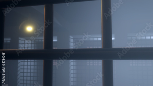 Camera walk in prison. Surrounded by prison cells. Gloomy mood. Fog, rays, night. Walk-through the gaol. Crime. Interrogation. Justice. Separated cell. One person. Guard. Walk. 3d Rendering