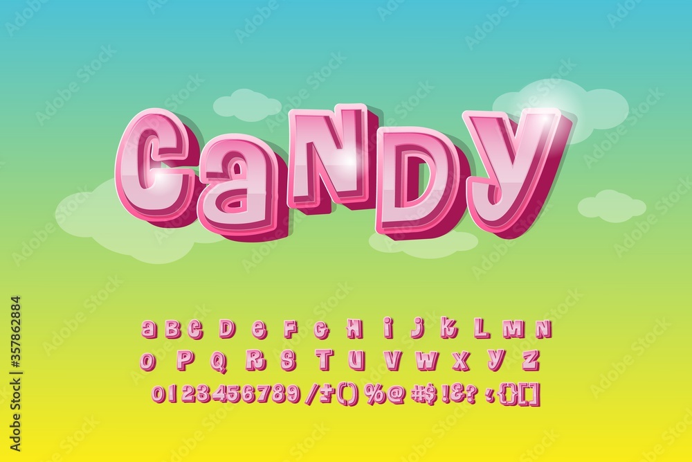 Candy glossy font design. Pastel pink letters and numbers of the alphabet. Sweets for the girls. Font for the game, banner. Vector