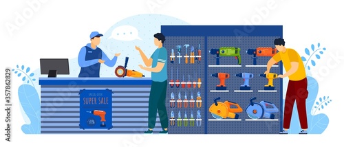 People buy in tool store vector illustration. Cartoon flat man buyer client characters buying equipment for toolbox of house repair, consulting salesman at counter. Hardware shop isolated on white
