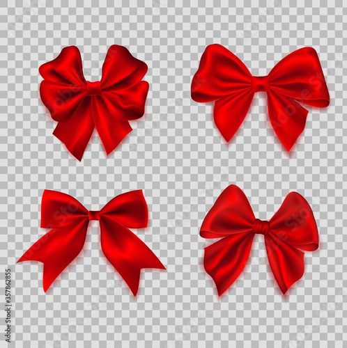 Bow realistic. Ribbons for decoration hair bow. Set of different shape silk red bows gift decorative element