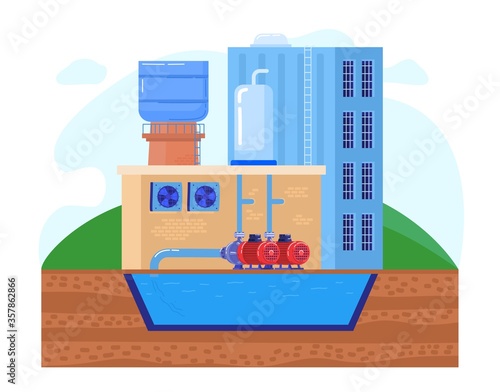 Water pump station in industrial factory vector illustration. Cartoon flat industry pumps take clean water from tank reservoir and supply for production process, recycle technology isolated on white