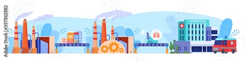 Hygiene accessories factory production vector illustration. Cartoon flat manufacturing process of hygienic products, mask, sanitizer for health care, medicine for hospital technology isolated on white