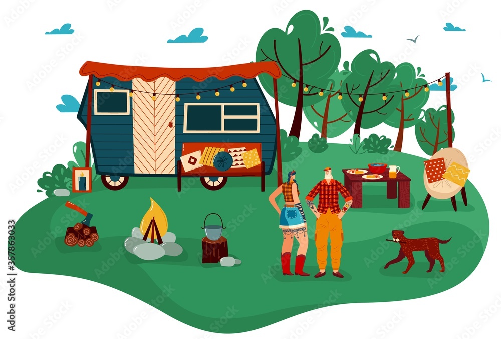 Obraz premium People travel in trailer vector illustration. Cartoon flat man woman couple traveler characters standing in tourist camp with campfire, campervan car trailer, summer outdoor tourism isolated on white