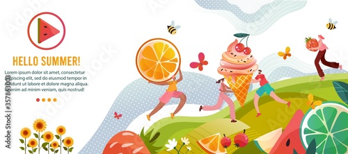 Hello summer vector illustration. Cartoon flat happy tiny people enjoy summer with tasty ice cream, man woman character holding juicy fresh fruits and berries in hands. Summertime concept background