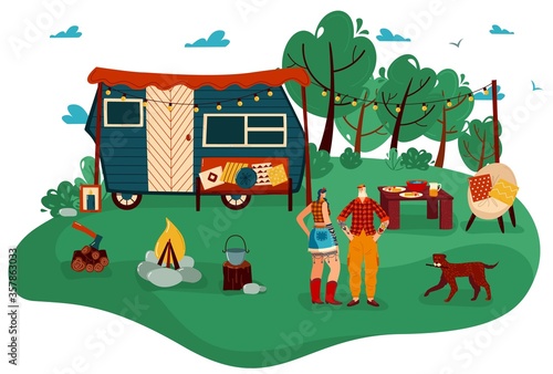 People travel in trailer vector illustration. Cartoon flat man woman couple traveler characters standing in tourist camp with campfire  campervan car trailer  summer outdoor tourism isolated on white