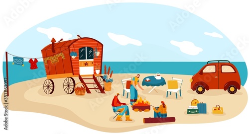 People travel in trailer vector illustration. Cartoon flat happy man woman camper traveler characters cook picnic food on beach campfire in retro caravan camp, campervan car trailer isolated on white