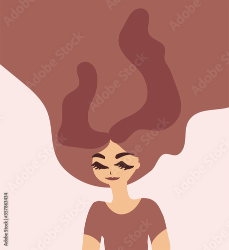 Cartoon woman character with hair flowing upwards. Hair care beauty concept vector illustration. Hand drawn minimal art.