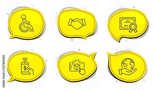 Handshake sign. Diploma certificate, save planet chat bubbles. Phone payment, Disability and Augmented reality line icons set. Mobile pay, Disabled person, Phone simulation. Deal hand. Vector